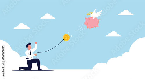 Determined businessman trying to catch a flying piggy bank with wings and a halo using a coin as bait to represent financial goals.