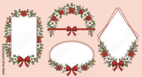 Decorative floral frames in different shapes adorned with white and red flowers and elegant red bows for special celebrations.