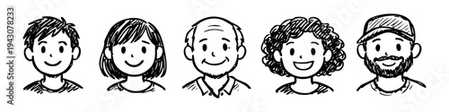 Set of hand-drawn diverse people avatars in black and white sketch style. Friendly portraits of men and women of various ages and styles, perfect for social media or user icons.