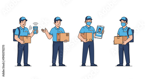 Diverse delivery personnel in blue uniforms carrying boxes and using handheld devices and tablets for logistics and shipping services.