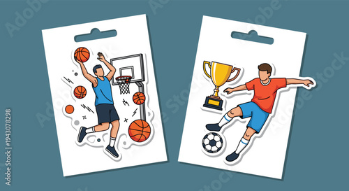 Pair of sports stickers featuring a basketball player making a dunk and a soccer player kicking a ball with a trophy cup.