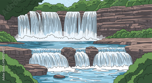 Majestic multi-tier waterfall flowing through a rocky landscape with lush green trees and bushes under a clear sky background.