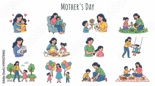 Mother's Day Illustrations: Family Moments, Love, Care, and Childhood