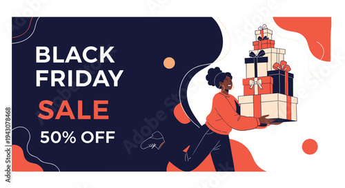 Black Friday Sale banner with a 50 percent off discount message featuring a happy woman carrying a large stack of gift boxes.