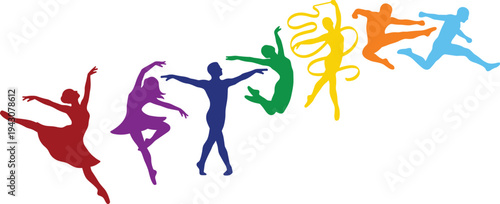 Colorful dancing people silhouettes set, ballet and modern dance poses collection, artistic dancer figures, creative movement illustration