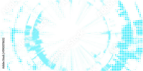 Abstract blue halftone background made of small square pixels forming a circular gradient burst on a white background.