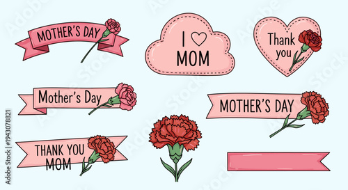 A collection of Mother's Day themed illustrations featuring flowers and heartfelt messages in a colorful, modern style