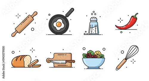 A collection of kitchen icons including a rolling pin, frying pan, and fresh ingredients in a modern flat style