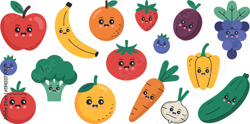 Cute kawaii fruits and vegetables characters set with smiling faces healthy food cartoon flat vector illustration collection
