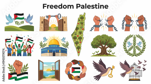 Palestine Freedom Symbols: Doves, Flags, Map, Peace, Hope
