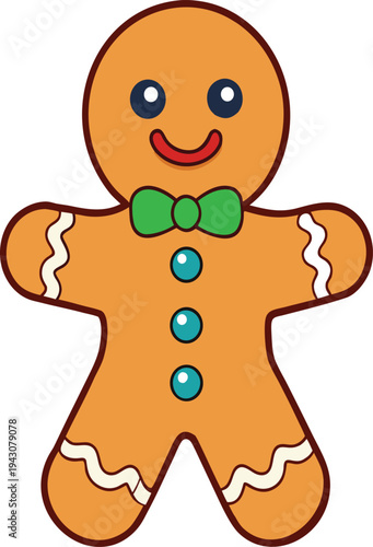 Smiling gingerbread man cookie with green bow tie and blue buttons vector illustration EPS PNG file