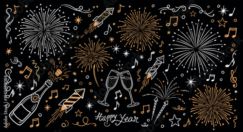 Happy New Year party celebration background, fireworks champagne bottle glasses firecrackers musical notes stars doodles hand drawn festive vector illustration set.