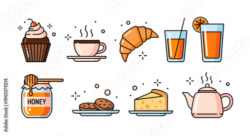 A colorful collection of food and beverage icons featuring desserts, drinks, and kitchen items in a modern flat style