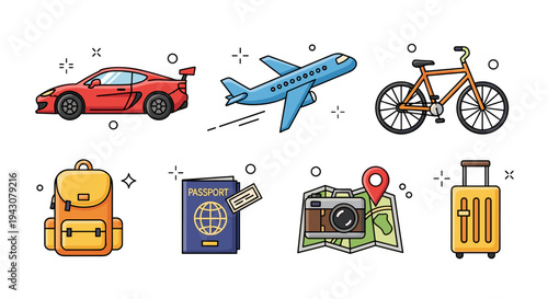 A colorful collection of travel-themed icons including a car, airplane, bicycle, and luggage in a modern flat style