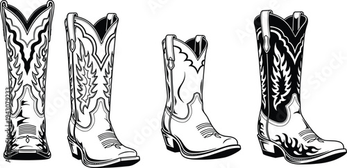 Western cowboy boots illustration set with decorative leather patterns country style footwear design isolated vintage fashion collection