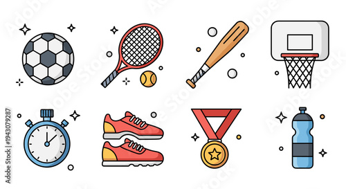 A vibrant collection of sports-themed icons including a soccer ball, tennis racket, and stopwatch in a flat design style