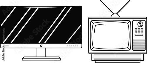 Modern flat screen monitor and vintage television set comparison illustration technology evolution concept isolated design