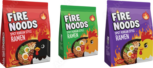 Spicy instant ramen noodle packaging set with fire themed chicken flavor bags including soy sauce, spicy Korean style and hot chicken ramen vector illustration