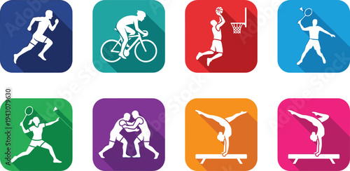 Sports activity icon set featuring running, cycling, basketball, tennis, wrestling and gymnastics silhouettes in colorful square buttons for fitness and athletics vector design