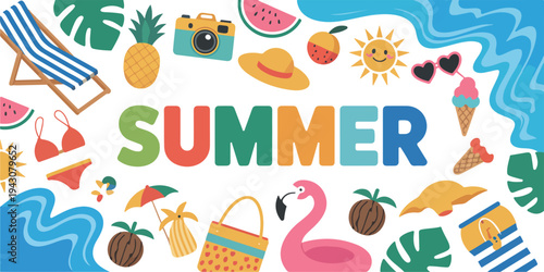 Summer vacation elements collection with beach chair flamingo pineapple swimsuit rainbow and tropical objects colorful flat vector illustration set