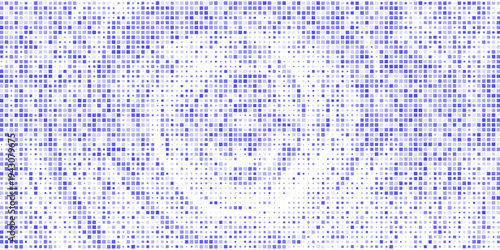 Abstract blue pixel mosaic background with scattered square dots forming a modern geometric pattern on a white background