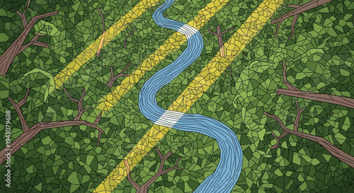 Aerial view of a flowing river in a lush green forest with sunlight