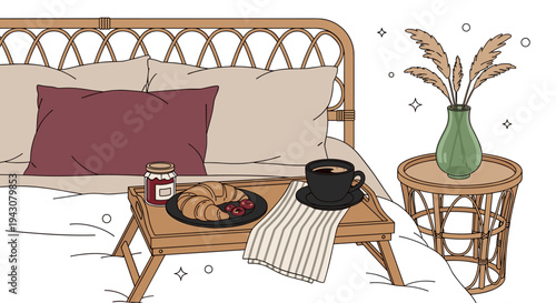 A cozy bedroom scene featuring a rattan bed, breakfast tray with pastries, and a decorative plant, in a minimalist style