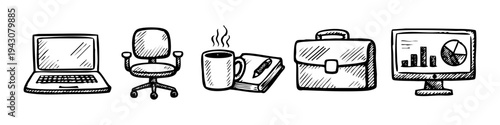 Hand-drawn office and business icon set featuring a laptop, swivel chair, coffee mug with notepad, briefcase, and data monitor. Minimalist black and white doodle style for creative projects.
