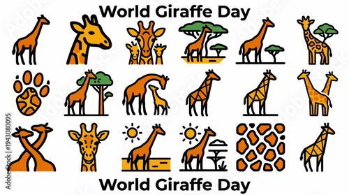 World Giraffe Day Flat Icons Set