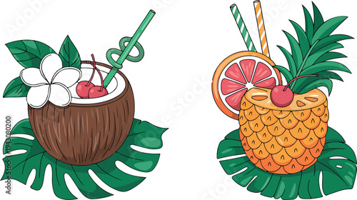 Tropical coconut and pineapple cocktail drinks vector illustration with flowers cherries citrus slices straws and palm leaves collection