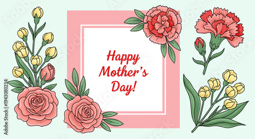 A vibrant Mother's Day illustration featuring floral elements and a cheerful greeting, designed in a modern style
