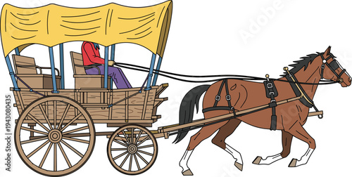 Horse drawn covered wagon carriage illustration vintage transportation vehicle with passenger riding old western travel concept