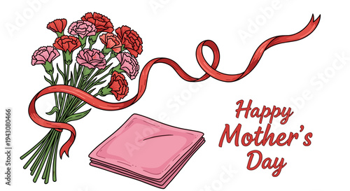 A vibrant illustration featuring flowers and a ribbon, celebrating Mother's Day in a colorful, hand-drawn style