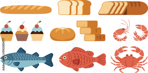 Food elements illustration set featuring bread cupcakes fish crab shrimp bakery and seafood items in flat vector design collection