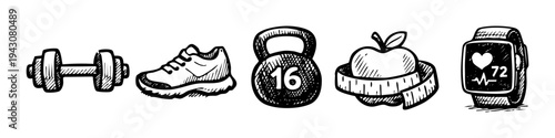 Set of hand-drawn fitness and health icons including dumbbell, running shoe, kettlebell, apple with measuring tape, and smartwatch. Isolated on white background.