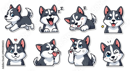 Cute Husky Puppy Stickers - Playful and Expressive Cartoon Dogs.