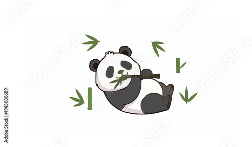 Funny panda lying and eating bamboo cute cartoon animal mascot vector illustration isolated on white