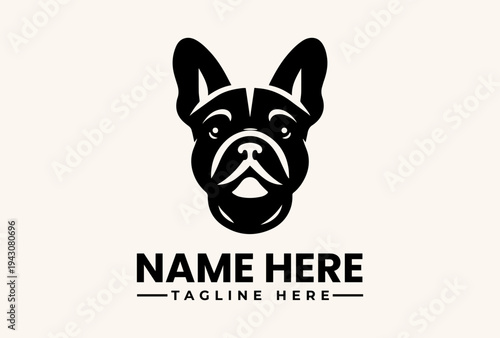A black and white vector illustration of a French Bulldog's head with a customizable name and tagline on a beige background, featuring a logo and pictogram design.