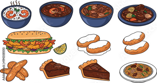 Traditional Middle Eastern and Indian food icon set featuring shawarma sandwich, curry bowls, rice dish, fried snacks, donuts, desserts and biryani meal vector illustration