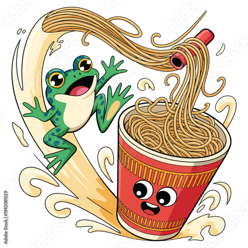 Funny cartoon green frog jumping joyfully from cup noodles with happy face, splashing broth