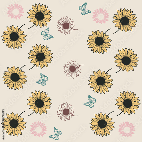Minimal Sunflower Floral Butterfly Seamless Pattern Vector Design for Textile, Wallpaper, and Decorative Backgrounds