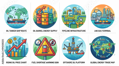 Global Oil & Energy Vector Icons | Tanker Ship, Barrel Supply, Pipeline Infrastructure, LNG Terminal, Price Chart, Fuel Shortage, Offshore Platform, Trade Map Vector