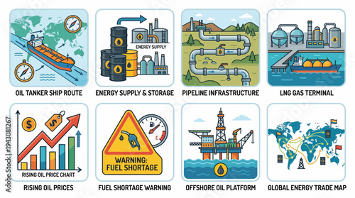Global Oil & Energy Vector Icons | Tanker Ship, Barrel Supply, Pipeline Infrastructure, LNG Terminal, Price Chart, Fuel Shortage, Offshore Platform, Trade Map Vector