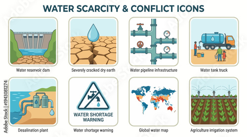 Water Scarcity Vector Icons Collection | Drought, Reservoir, Pipeline, Irrigation, Desalination, Global Risk Map, Water Supply, Warning Signs, Agriculture, Sustainability, Conservation, Management Vec
