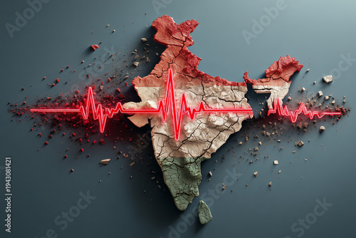 India map cracked, colored like flag, shows red heartbeat line across. Symbolizes crisis, disaster, national emergency or economic downturn. Represents vulnerability and resilience
