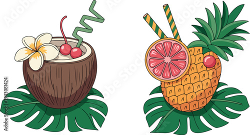 Tropical coconut and pineapple cocktail drinks vector illustration with flowers cherries citrus slices straws and palm leaves collection