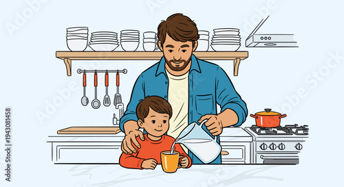 A father and son enjoying kitchen time together, pouring a drink in a modern, minimalist style