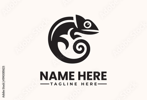 A black and white illustration of a chameleon logo with a placeholder name and tagline on a light beige background.