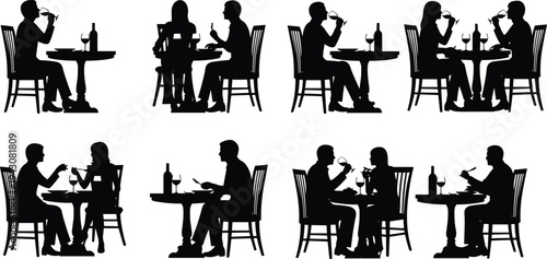 Couple dining silhouettes collection romantic people eating and drinking at restaurant table date night illustration set