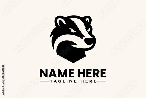 A black and white illustration of a badger's head logo with placeholder text on a clean background, featuring a vector graphic design with icon style elements.